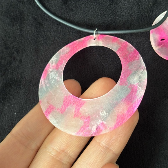 Handcrafted Pink and Silver Circular Pendant Necklace & Earrings Set - Picture 3 of 5